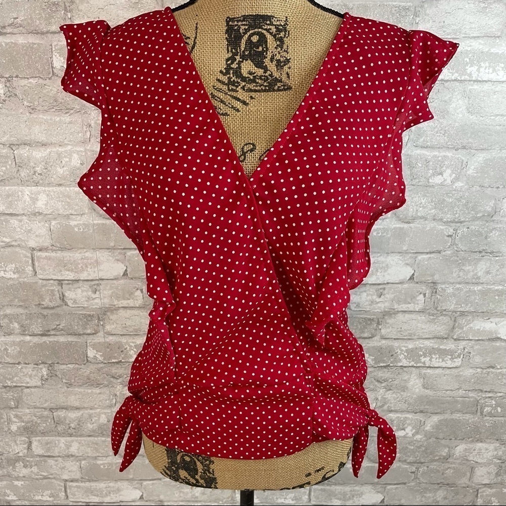 Maurices Red Polka Dot Ruffle Top